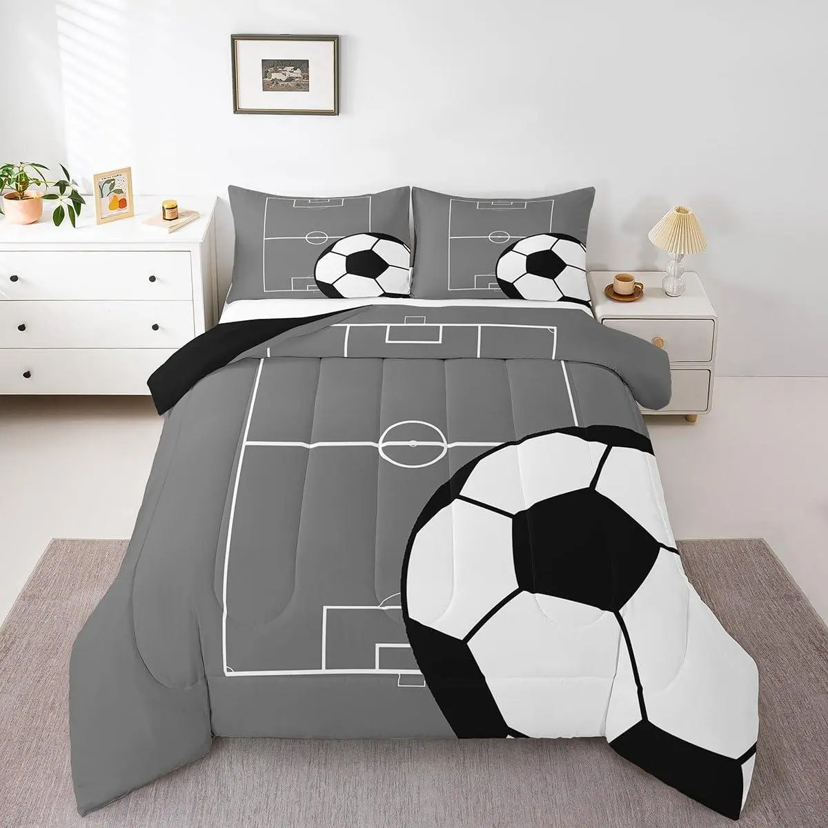 Football Bedding Set,Kids Soccer Comforter Set for Boys Girls Teens,Sports Theme Down Comforter Gray Ball Gaming Quilt Bed Set,Football Bedroom Decor