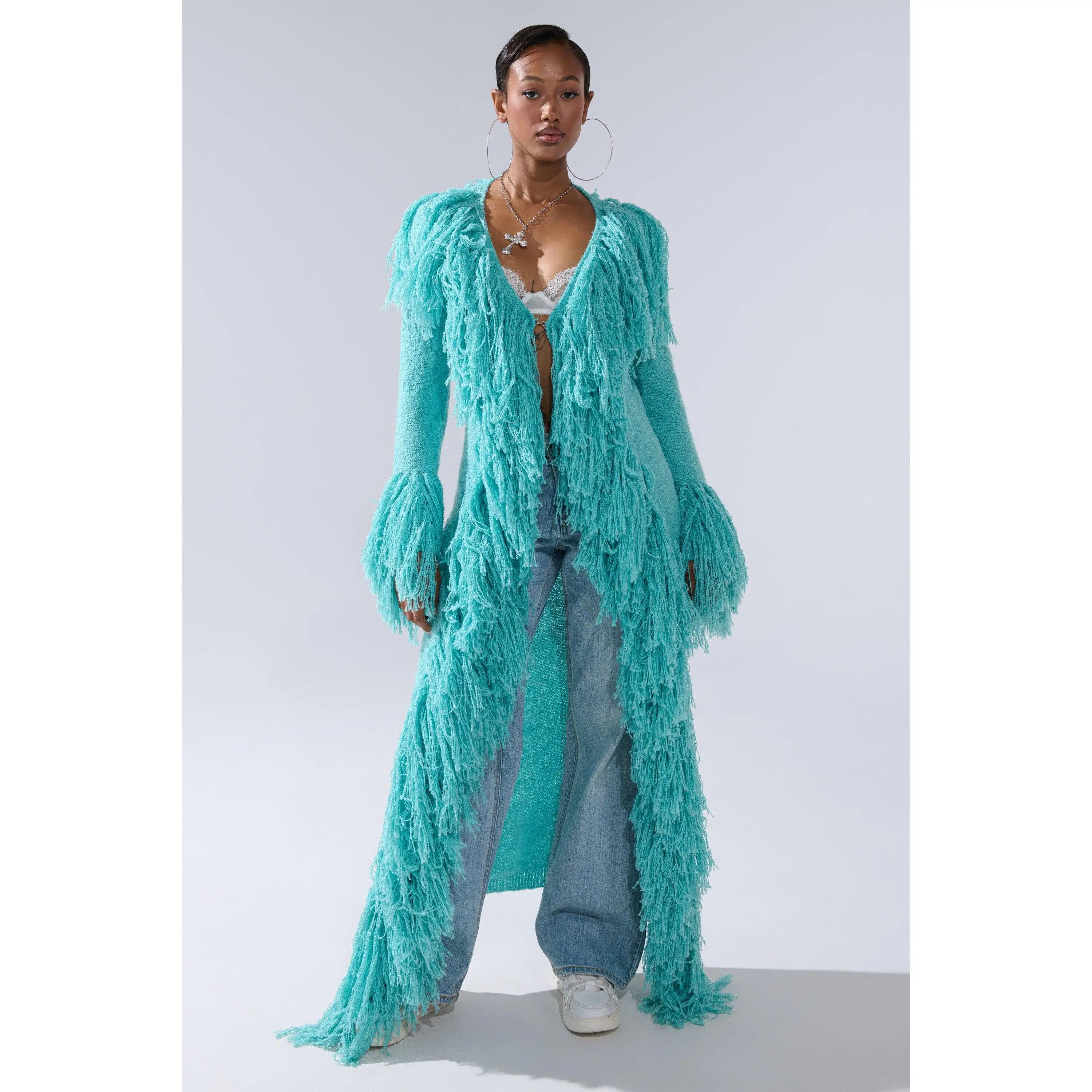BURRR IT'S COLD OUTSIDE FRINGE OVERSIZED SWEATER IN TURQUOISE
