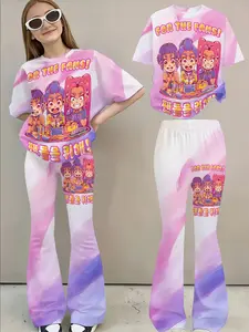 Girls' Gradient Tie-Dye Set, Anime Character Printed Short Sleeve Top & Bell-Bottom Pants Two-Piece, Casual All Seasons Wear