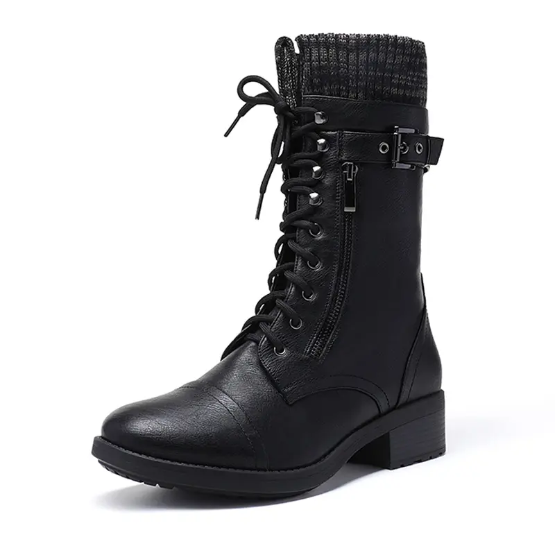 Dream Pairs Women's Mid-Calf Riding Boots, PU Leather Lace-Up with Built-in Pocket, Faux Fur Lining, Round Toe, 1 Inch Heel, Rubber Sole, Laces, Leather & Faux Leather