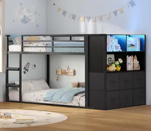 Sikaic Twin Over Twin Bunk Bed with Storage Drawers & Open Storage Shleves with LED Lights, Metal Black Low Bunk Bed Safety Ladder and 13.4" H Guardrail, Space Saving summervibes