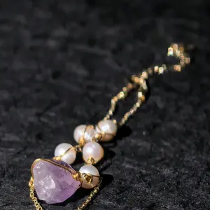 [Lilac Meteorite] Bracelet, Natural Amethyst and Freshwater Pearls, 18K Gold-Plated