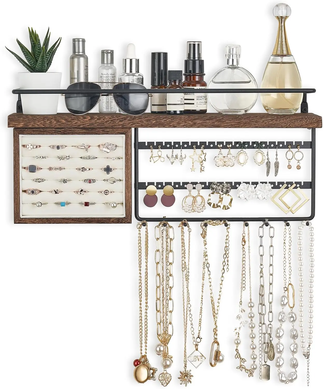 Hanging Jewelry Organizer Wall Mounted Jewelry Organizer Necklace Holder with Rustic Wood Shelf, Ring Display Box, Ear Studs Earring Holder Bracelet Organizer