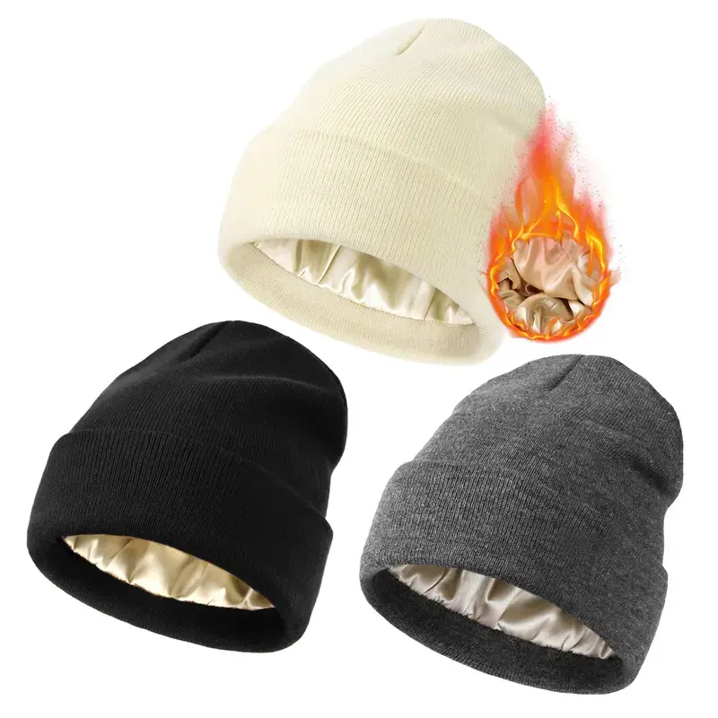 Fashion Unisex Beanie Cozy Hats for Men Women Winter Knit Satin Lined Beanies Silk Lining Soft Slouchy Warm Cuffed Beanie Hat with Satin Lining for Extra Warmth and Softness