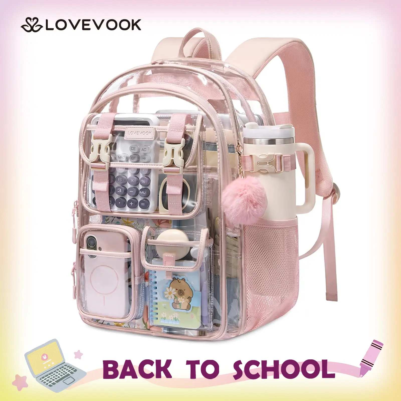 LOVEVOOK School Backpack for Teens,Student Transparent Backpack Purse for 8-16 Teenage, Cute Kid Bookbag with Large Cup Holder, Back to School Backpacks with Lunch Bag,Fit 15.6 Inch Laptop, Large College Travel Bag Gift