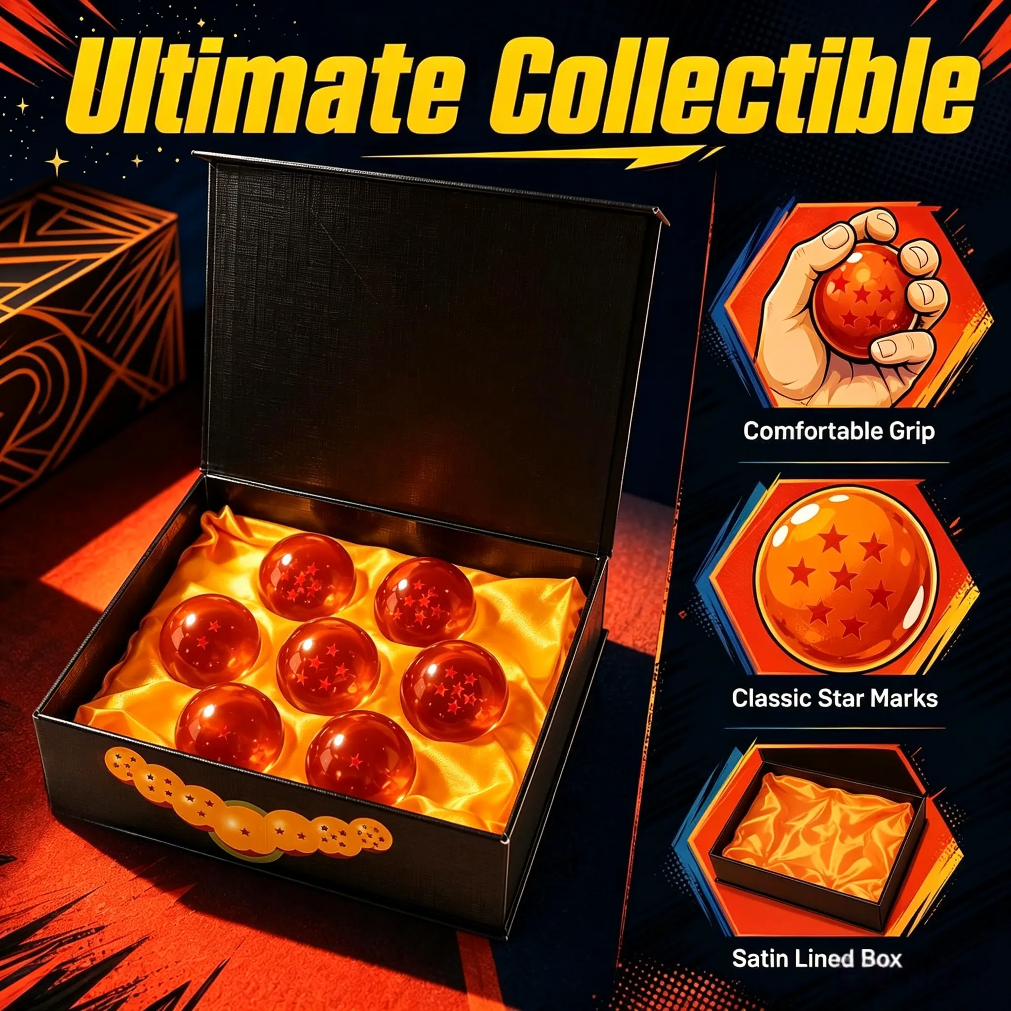 DBZ 7-Piece Transparent Orange Star Resin Crystal Ball Set, Polished Smooth Collectible Spheres with Premium Satin Lined Gift Box, Decorative Display Ornament Kit for Desk Shelf Home Decor, Ideal Collectible Gift for Hobby Enthusiasts