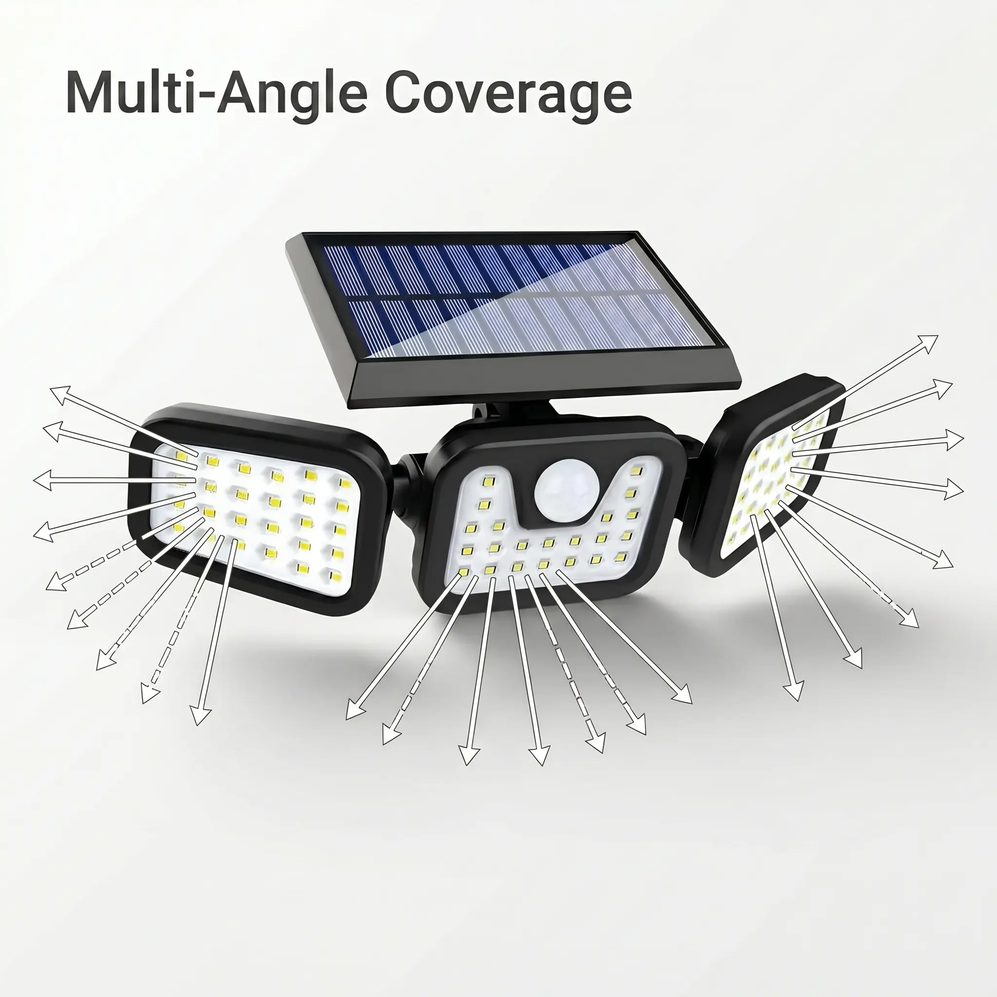3-Head Solar Powered Outdoor Wall Lights, Adjustable Plastic Security Floodlight with Motion Sensor, Waterproof for Garage and Fence, Fences, Wall Mount, Automatic, 3 Independent Rotatable Lamp Heads