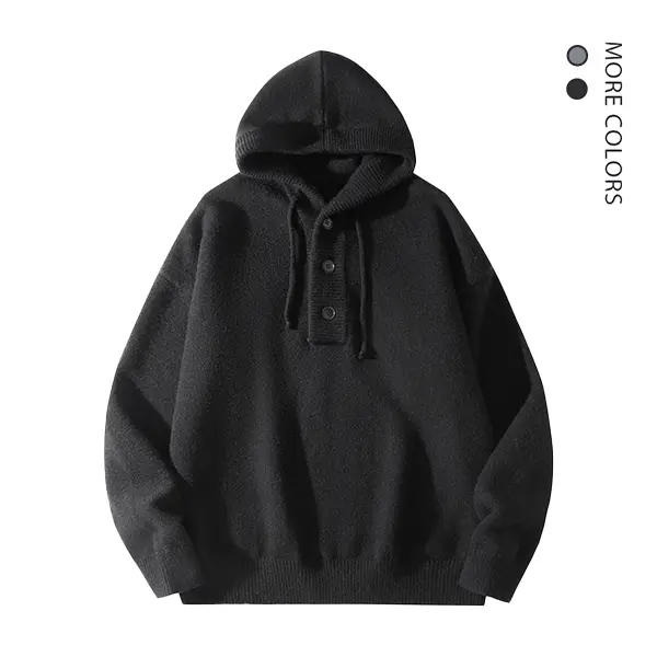 Men's Vintage Knitted Hoodie, Stylish Long Sleeve Pullover Sweatshirt with an Oversized Loose Fit and Button Placket, Sweatshirts, Menswear, Hoodie/Jumper, Acrylic, Retro, Sweater, Longsleeves