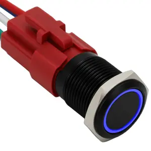 16mm Latching Push Button  12V DC On Off Self-Locking with LED Angel Eye  for 0.63" Mounting Hole with Wire Socket Plug (Black Shell Blue LED)