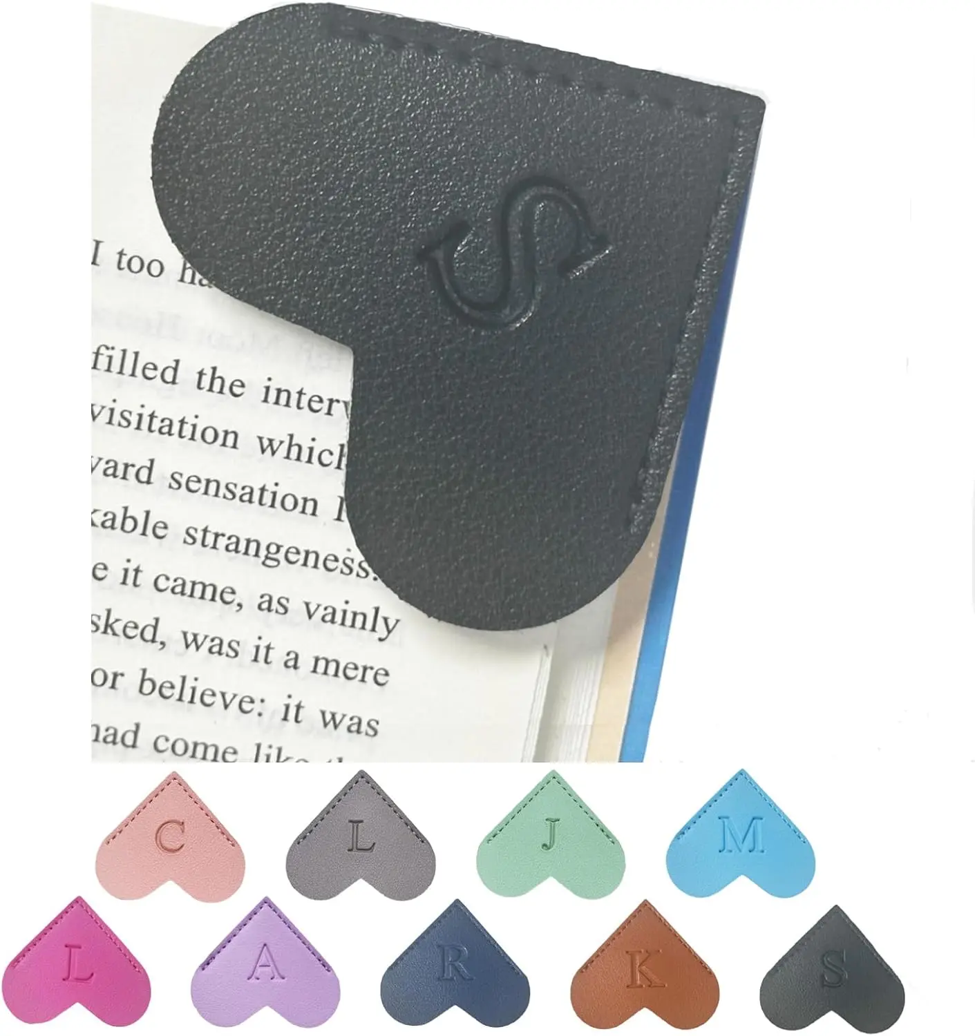 Personalized Leather Heart Bookmark with Initials, Handmade, Cute Custom Corner Book Marks for Reading Women, Teachers, Students, Book Lovers Gifts, Book Accessories (Black S)