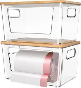 Transparent Acrylic Trash Bag Dispenser with Bamboo Lid makeup organizer,pantry storage organizers,makeup storage organizer ,kitchen organization;Designed for Kitchen Storage; Lidded Trash Bag Storage Container; Trash Bin Storage Organizer Lid