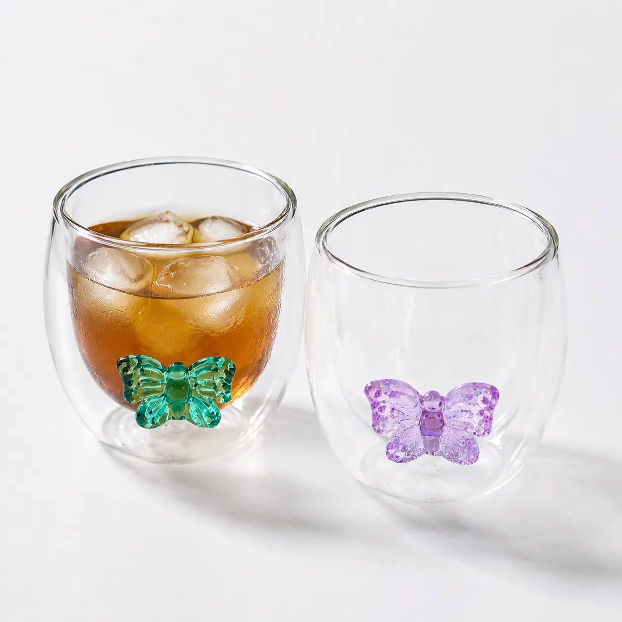 2-pc Aesthetic Butterfly Glass Cup with Double Wall Insulation, Cute Iced Coffee Cup, Handmade 3D Butterfly Drinkware, Gift for He