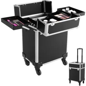 Black Rolling Makeup Case, Professional Cosmetic Box Storage on Wheels, Large Make Up Train Carrying Cases w/4 Organizer Trays, Cosmetic Case Trolley with Locks for Makeup/Nail Art/Hair Styling