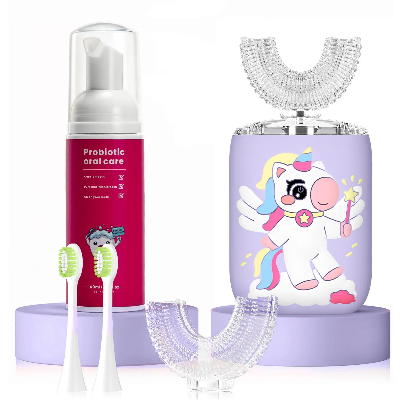 Kids U-Shaped Automatic Brushes, Sonic Electric Brush for 360° Cleaning, Rechargeable with 6 Modes & Timer, Pink Unicorn, Menthol, Kids Toothpaste, Toothbrush Set, Cleansing, Waterproof, Thorough Clean, U-Shaped Head