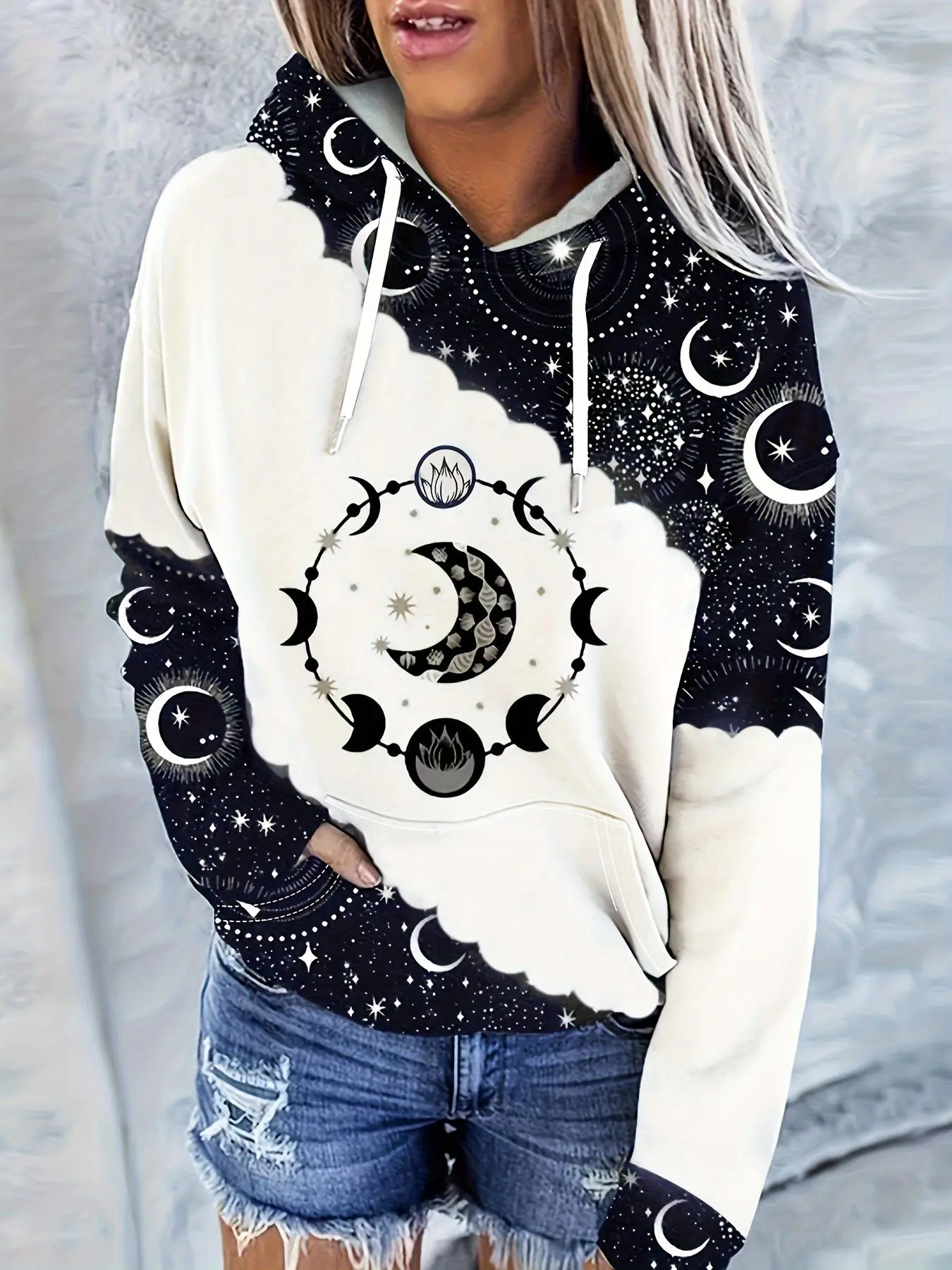 Women's Colorblock & Moon Print Drop Shoulder Long Sleeve Fitted Knit Hoodie Pullover, Fashion Aesthetic Casual Drawstring Pocket Hooded Sweatshirt for Daily Holiday Outdoor Wear, Ladies Tops for All Seasons
