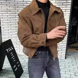 Autumn Winter Korean Style Men's Loose Fit Chamois Leather Flight Jacket Casual Trendy Lapel Zippered Hooded Warm Comfortable Ou