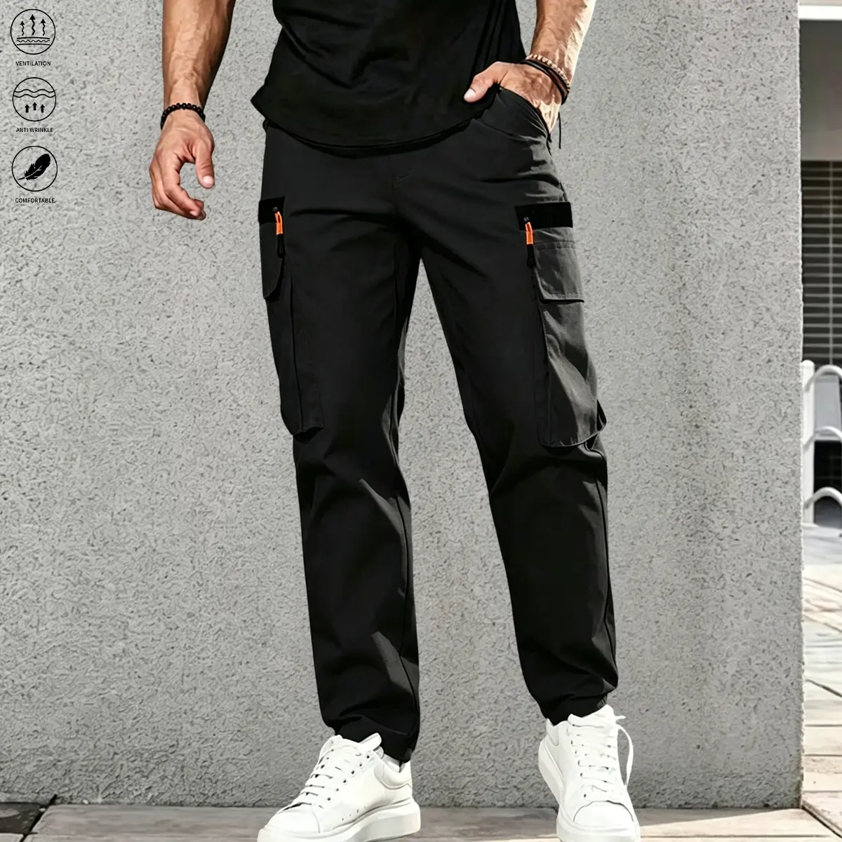 Men’s tactical cargo pants with multiple pockets—ideal for outdoor hiking and construction work; durable, multifunctional for spring/autumn/summer seasons; safety work pants with a solid color design.
