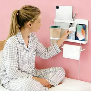 Bedside Wall Organizer, Floating Bedside Shelf Wall Mount, Dorm Room Essentials, Remote Control Holder, Dorm Decor Organization and Storage Cool Teen Girls Trendy Stuff (White)