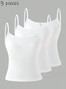 3-piece set of girls' knitted solid-color short-sleeve tank tops with fine straps. Ideal for casual outings and play, featuring a simple, comfortable, and versatile design suitable for all seasons. Girls' clothing.