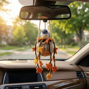 Handmade Amigurumi Bird Car Hanging Decoration, Leather Cars Accessory, Aesthetic Rearview Mirror Charm, Emotional Support Cottagecore Ornament for Women, All-Season Use Mother’s Day Christmas Birthday Gift Idea, 1PC