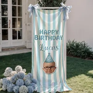 Personalized Polyester Tapestry, Birthday Banner, Custom Name and Photo, Vertical Striped Design
