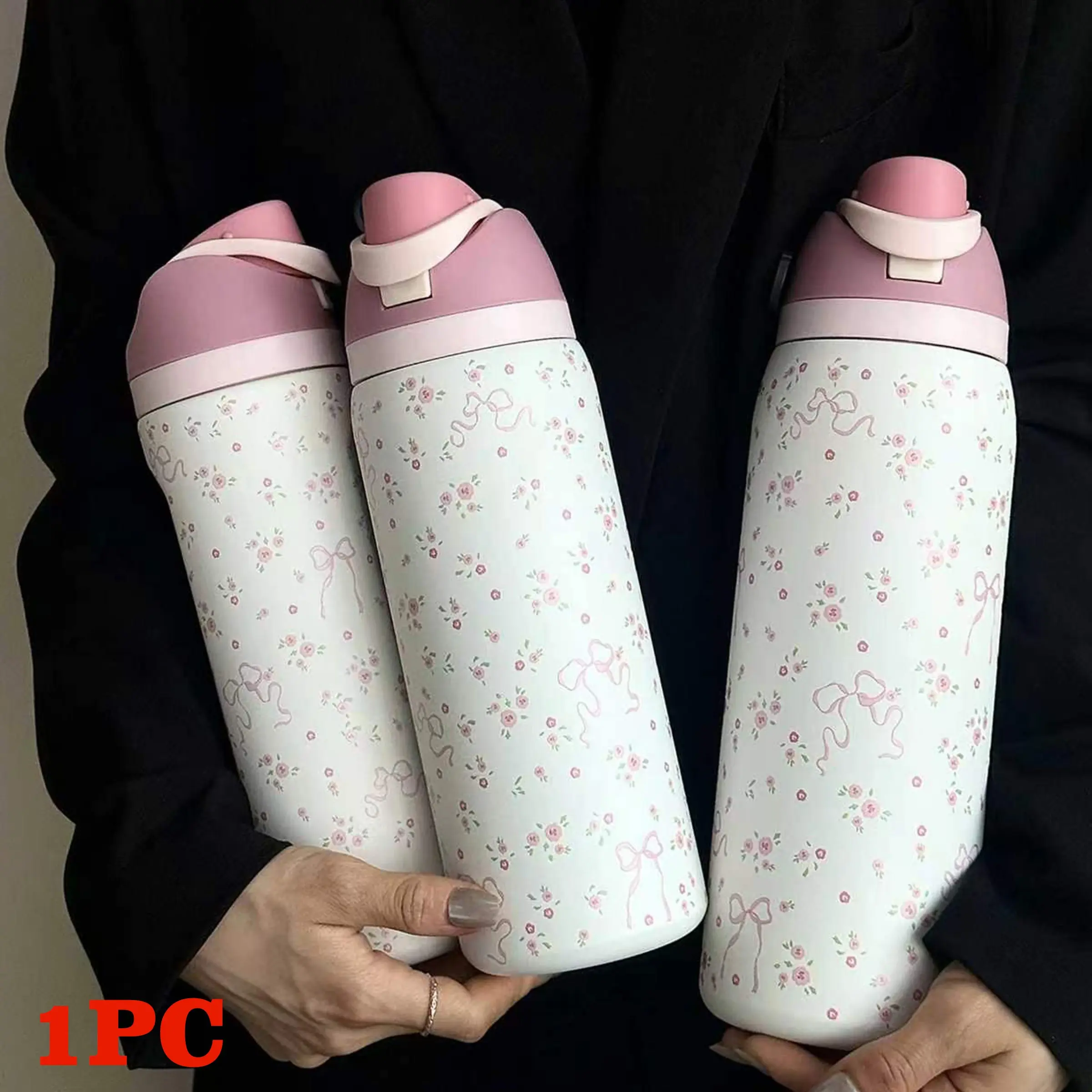 Floral Pattern Insulated Water Bottle, Double Wall Insulated, 1 Count Portable 24oz-40oz Stainless Steel Vacuum Flask with Straw, Vacuum Insulated Tumbler, Summer Cool Bottle Drinking Cup for Home Office School, Insulated Travel Drinkware