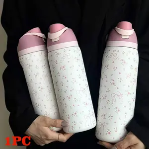 Floral Pattern Insulated Water Bottle, Double Wall Insulated, 1 Count Portable 24oz-40oz Stainless Steel Vacuum Flask with Straw, Vacuum Insulated Tumbler, Summer Cool Bottle Drinking Cup for Home Office School, Insulated Travel Drinkware