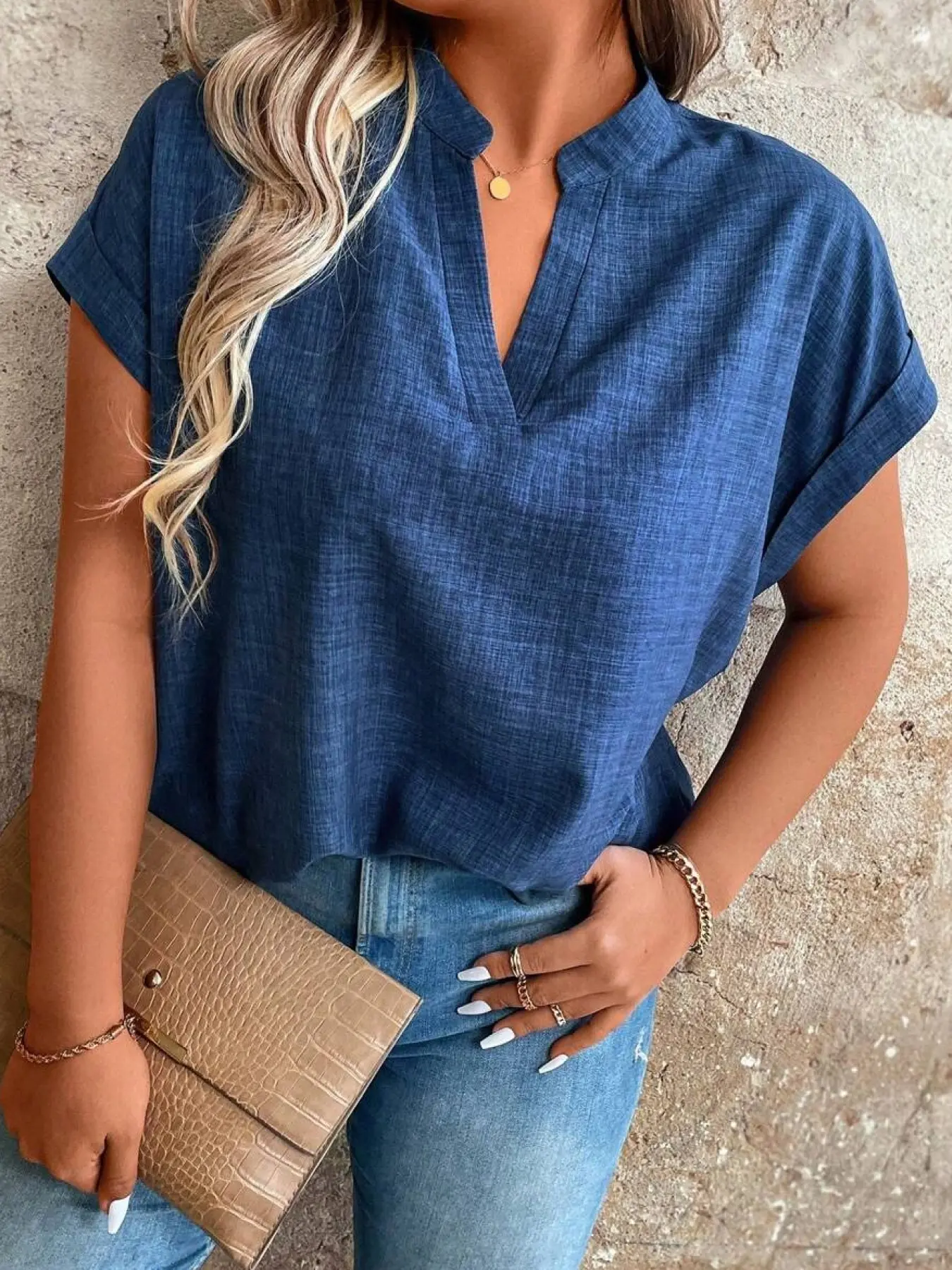 A women's casual V-neck short-sleeve shirt in a low-saturation deep blue, featuring a loose, dropped-shoulder fit, suitable for everyday casual wear, light commuting, traveling, and wearing at home, Casual Chic Minimalist Blouse, Casual top