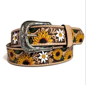 Leather Belt for Women, Handmade, Western, Boho, With Removable Buckle, Brown, Belt with Sunflower, Embossed, Bohemian, Gift for Her