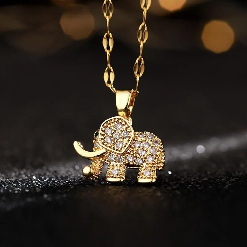 Unisex Gold Pendant Necklace - Casual Elephant Design Pendant, Sparkling Cubic Zirconia, Copper Fashion Jewelry for Daily Sports & Outdoor Camping Hiking Hammock Wear, Trendy Necklace, Unique Design Pendant