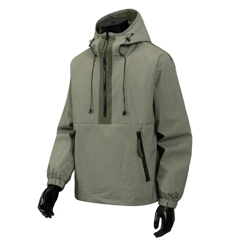 Men’s half-zip hooded anorak jacket, windproof and water-resistant, grid pattern pullover hoodie, outdoor hiking windbreaker