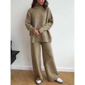 Women's 2 Pcs Sweater Set Autumn/Winter Long Sleeve Turtle Neck Drop Shoulder Solid Color Pullover Sweater and Wide Leg Pants, Women Fall Outfits, Winter 2 Piece Sweater Set, Women Pants Sweater Set, Fall Loungewear Set, Casual Sweater Set