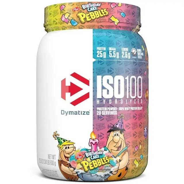 Dymatize ISO100 Whey Protein Powder Isolate, Birthday Cake Pebbles, 25g of Protein, 5.5g BCAAs, Less Than 120 Cal., Gluten Free, 1g Fat, 1g Sugar, 2g Carb (20 Servings), Fitness, Supplement