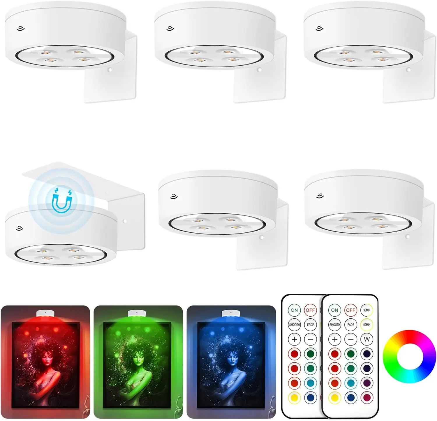6Pcs Picture Light Battery Operated, 13 RGB Color Magnetic Led Art Display Light for Picture Frame, Battery Powered Painting Light with Remote Control, Wireless Party Home Wall Decor Puck Lights rgb  lamp battery  operated picture light
