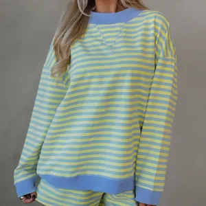 Women's 2-Piece Soft Breathable Cotton Set, Loose Long-Sleeves Yellow Stripe Color-Block Pullover, Elastic-Waist Pull-On Shorts