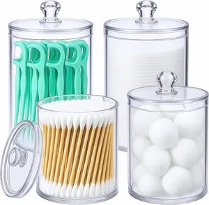 Havenity Acrylic Qtip Holder - 4 Pack Bathroom Organizers & Storage with Apothecary Jars, Cotton Swabs, Pads & Floss Picks for Countertops