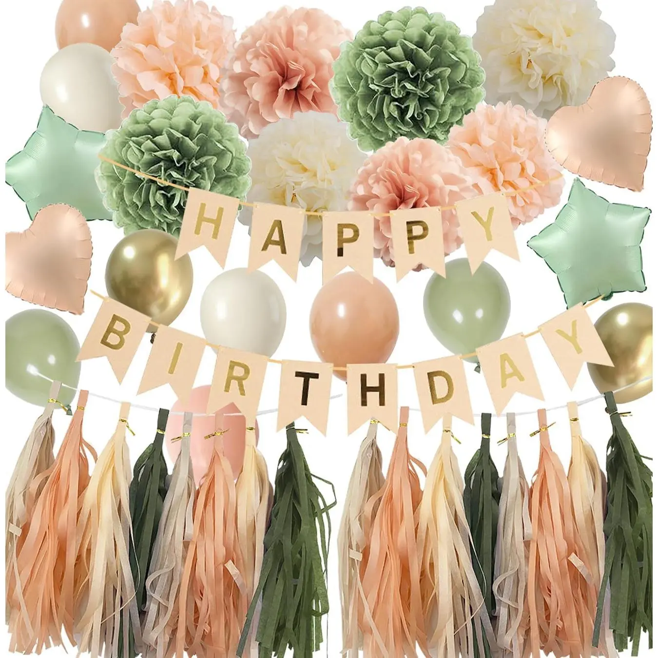 Sage Green and Peach Birthday Decorations -Pastel Orange Happy birthday Party Balloons for Women and Girls with  Banner Tassel Garland Tissue Pompoms (Sage Green + Peach)