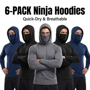 6-piece set men's outdoor work sun protection clothing with sun-blocking hoodie, featuring built-in face mask and neck guard, breathable long-sleeve hoodie