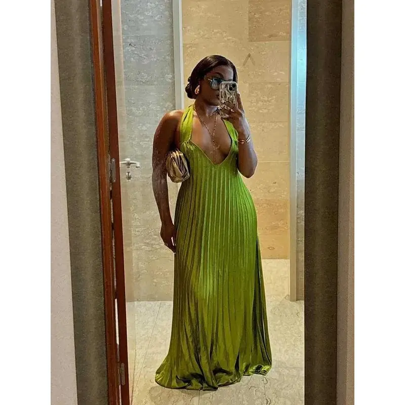 Green Evening Dresses Woman Elegant Pleated Dress Hollow Out Lady Halter Neck Backless Dress Wholesale Drohipping