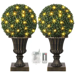 GARVEE 16” Artificial Plant Topiary Ball with Pre-Lit Lights, Timer, and Remote Control, Outdoor and Indoor Artificial Topiary in Gold Urn Base for Porch Decoration