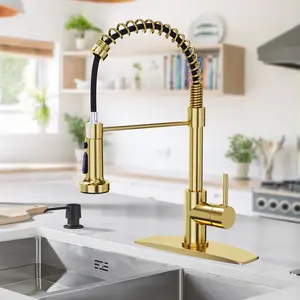 FORIOUS Gold Kitchen Faucet with Pull Down Sprayer，Single Handle Stainless Steel Kitchen Sink Faucet 360 Rotation Adjustable Sink Basin Faucet