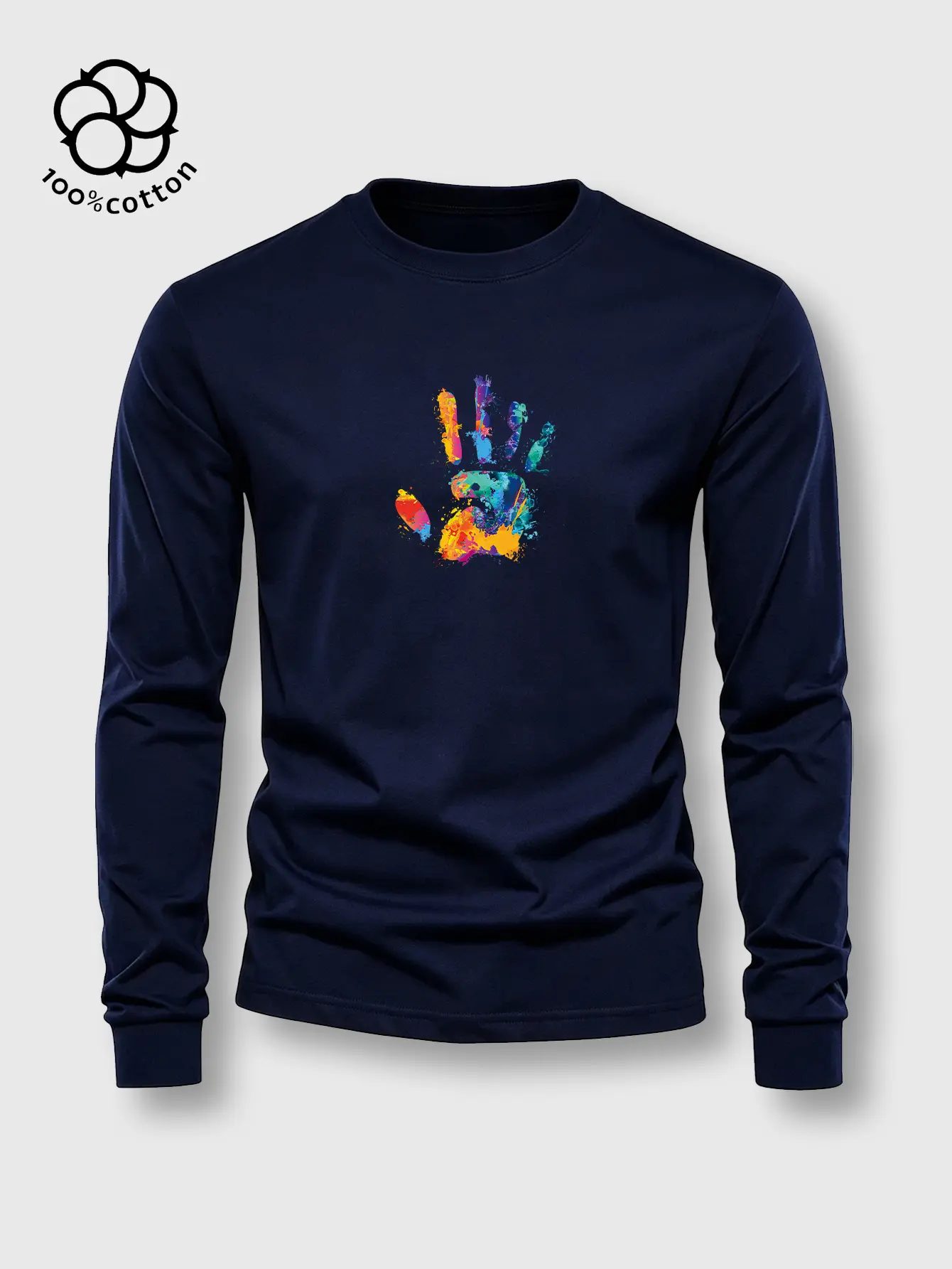 1pc, Men's Pure Cotton Crew Neck Long Sleeve T-Shirt, Ribbed Cuffs, Moderately Thick Fabric, "Colorful Splash Rainbow Hand" Print, Unisex All-Season Versatile Casual Basic Top, Perfect Holiday Gift