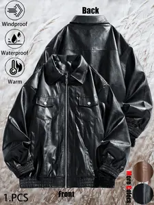 New unisex fashionable loose-fit comfortable windproof warm waterproof durable PU leather motorcycle jacket, versatile multiple pockets trendy street-style lapel collar couple's leather jacket, perfect for daily commuting, outdoor adventures, hiking, and