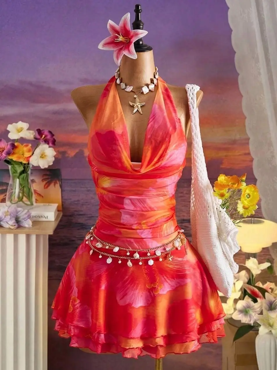 Bellisia Sunset Orange Tropical Floral Halter Mini Dress | Plunging Cowl Neck Ruched Waist Tiered Ruffle Hem Beach Dress