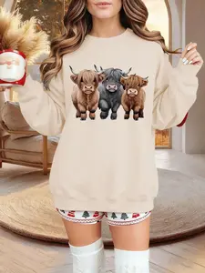 Cute Highland Cow Round Neck Sweatshirt, Fall & Winter Casual Fitted Design, Soft Geometric Pattern, Comfortable Daily Wear, Everyday