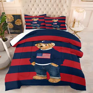 Striped Teddy Bear Pattern Bedding Set, Soft Adult Bedroom Decoration, Suitable For Giving To Friends And Family, As a Moving And Holiday Gift, Including 1 Blanket And 1 Or 2 Pillowcases Without Pillowcases, Bed Sheet Set
