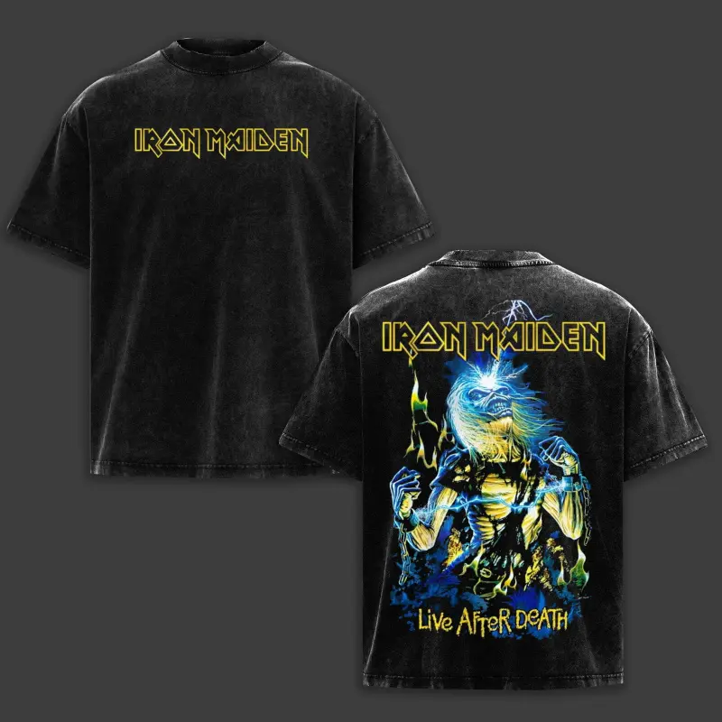Live After Death Iron Maiden Washed T-Shirt, Eddie the Head Heavy Metal Music Band Washed Tee, Rock Band Double Printed Washed Graphic T-Shirt, Gift For Casual Cotton Menswear 67 vintage summer clothes white world tshirts 2000s orange black silverfish