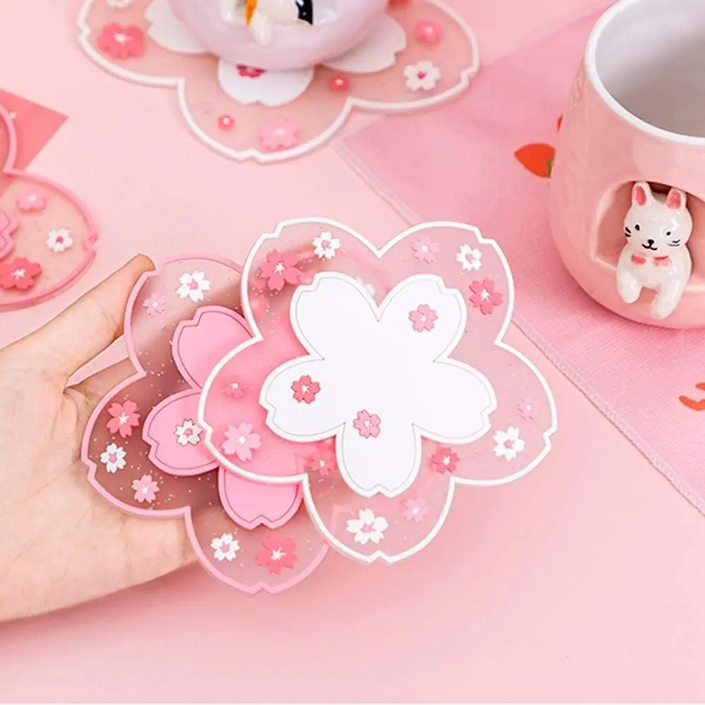 2PCS Textured Blush Pink Sakura Cherry Blossom PVC Silicone Coasters Set, Anti-Skid Indoor Dining Room Table Pads for Coffee Tea Mugs, Flowers-Themed Housewarming Kitchenware Desk Decor Accessories