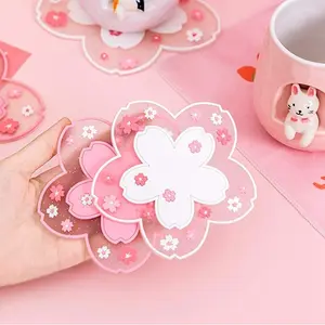 Sakura Coffee Cup Mat Kawaii Coaster 2PCS Pink & White Cherry Blossom PVC Anti-Skid Placemat for Desk Table Decor 4.2" Diameter Set Tableware Stylish & Durable