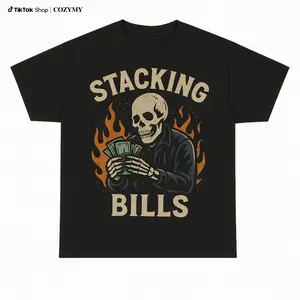 Fashion Designer T-Shirts - 100% Stacking Bills Shirt | Funny Hustle Money Graphic Tee | Retro Skull Streetwear T Shirt | Hip Hop Rap Aesthetic Outfit